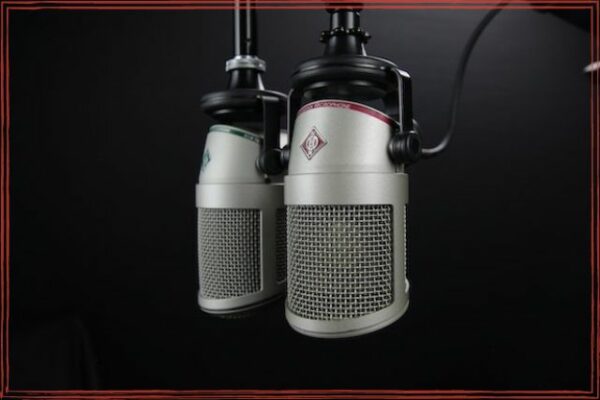 Two gray condenser mics on black background | Cross promotion